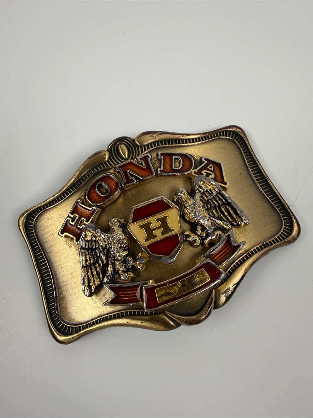 Vintage 1978 Honda Gold-Tone Eagle Crest Belt Buckle - Red Accents